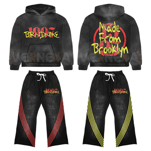 Custom Hot Selling Flared <b>Tracksuit</b> 400 Gsm Cotton Screen Printed Sweatpants Hoodie Distressed Embroidery Oversized Baggy Set - Product Image 1