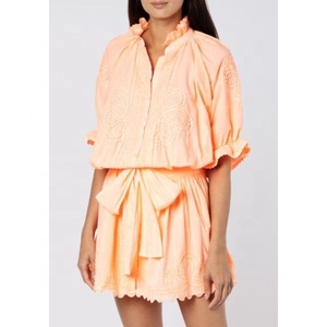 2022เดรสลำลองสำหรับผู้หญิงต้นฤดูใบไม้ผลิสีส้มนีออนแขนพองสไตล์โบฮีเมียนปักเลื่อมเลื่อมธรรมชาติ - Product Image 1