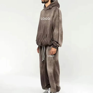 Custom Logo Men's Acid Wash <b>Tracksuits</b> Blank Fleece Drawstring Hooded Hoodies Sweatpants Plus Size Winter <b>Retro</b> Streetwear Sets - Product Image 2
