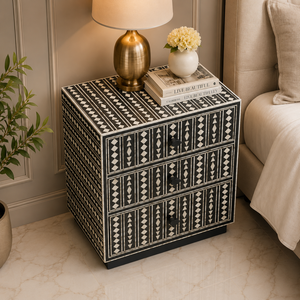 Mesita de Noche Moderna con Incrustaciones de Hueso, Mesa Auxiliar de 2 Cajones, Gabinete de Almacenamiento Ecológico para Dormitorio, Sala de Estar, Hotel, Comedor, Entrada - Product Image 4
