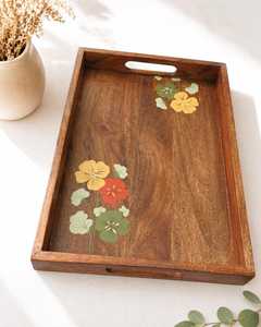 Plateau de service en bois peint à la main, plateau à thé floral en bois, décoration rustique pour la maison - Product Image 2