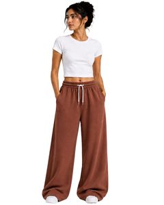 Custom Brown Women Wide Leg Sweatpants High Waist Loose Fit Casual Streetwear Lounge Fleece <b>Trousers</b> With Drawstring Pockets - Product Image 1