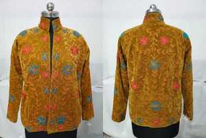 เสื้อแจ็คเก็ตปักลายซูซานีสำหรับผู้หญิง สีเหลืองมัสตาร์ด ลายดอกไม้ สไตล์โบโฮ คอจีน ทำมือ เสื้อผ้าทอแบบเอเชียกลาง เสื้อคลุมแบบดั้งเดิม - Product Image 4