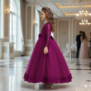 Elegantes Vestidos de Fiesta para Niñas con Lentejuelas y Manga Larga, Vestidos de Tul con Bordado de Terciopelo de Lujo, Vestidos Morados para Damas de Honor en Bodas y Fiestas - Product Image 3