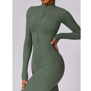 Combinaison décontractée sans manches pour femme, avec fermeture éclair sur le devant, couleur unie, en coton et élasthanne très extensible, style yoga, longueur intégrale, taille haute, coupe ajustée - Product Image 5