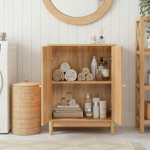 Mobile da Bagno in Truciolato con Finitura in Melamina e Rattan, Colore Legno Naturale, 60*30*80cm, Doppia Anta - Product Image 6