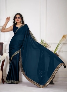 Sari de Seda y Algodón Bordado KV, Reversible, Sin Arrugas, Estilo Bollywood, para Fiesta - Product Image 3
