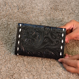 Florals Carved Hand Tooled On 100% Genuine Leather ATM Card Holder Case Square Credit Card Holder Case Cute <b>Small</b> Mini Card Case - Product Image 3