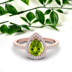 Anillo de Peridoto en Forma de Lágrima de 8x6mm con Halo de Diamantes Blancos de 1mm en Oro Rosa Sólido de 14k, Joyería Delicada Personalizada, Proveedor Mayorista - Product Image 1