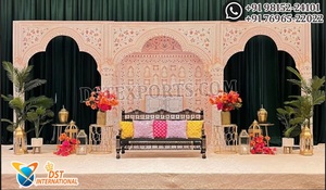Grand Reception Stage Arabic Style Mirror <b>Frames</b> Designer Mughal Style <b>Arched</b> Backdrop Panels Luxury White & Gold Wedding Stage - Product Image 5