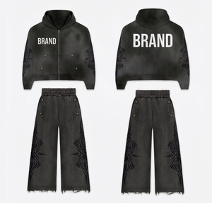 Ensemble de survêtement vintage avec sweat-shirt zippé et pantalon évasé, imprimé personnalisé, style streetwear, en molleton de coton vieilli - Product Image 6