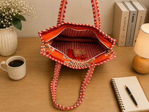 Indian Handmade Cotton Fabric Animal Print <b>Canvas</b> <b>Tote</b> Bag Bohemian Fashion Zipper Closure Lightweight Inner Pockets Red Striped - Product Image 2