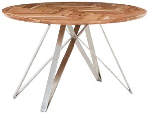 Table de salle à manger moderne pour la maison, avec plateau en bois d'acacia massif de forme ronde, base en métal de style zig-zag, design industriel. - Product Image 2