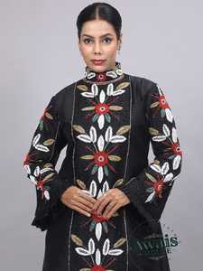 Awais House Women's Black Taffeta Floor-Length Modest A-Line Kaftan V-neck Long Sleeve Beaded Embroidery Natural Waist Evening - Product Image 1