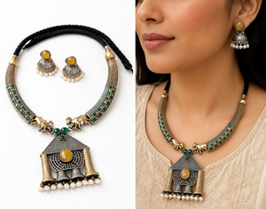 ชุดเครื่องประดับเจ้าสาวสไตล์โบฮีเมียนชุบทองโบราณ ขายส่ง ARTS JEWELS ต่างหู สร้อยคอ ประดับเพชรซิคอนและมุกทรงหยดน้ำ - Product Image 1