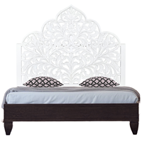 Smart Art Holzschnitzerei Handgefertigtes Technisches Holz-Bett-Kopfteil Weiß Lackiert Arabisches Blumendesign Beleuchtetes Schlafzimmermöbel