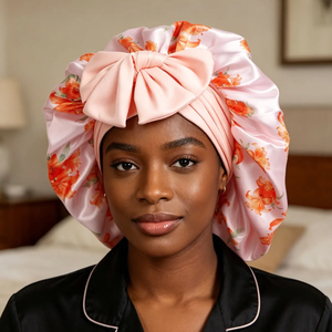 Satin <b>Bonnet</b> for Women with Flower Print, Satin <b>Bonnet</b> for Sleeping, Large Sleep Cap with Elastic Tie Band for Curly Hair - Product Image 1
