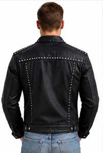 Veste en cuir noire pour homme, style punk, avec rivets et clous, col rabattu - Product Image 5
