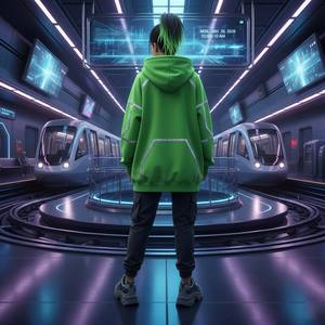 Sweat-shirt à capuche surdimensionné pour femme en tricot vert néon, style streetwear premium, esthétique cyber-tech, idéal pour l'hiver - Product Image 6