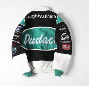 Veste universitaire pour homme, noir, vert, blanc, patchwork, broderie, streetwear, col rabattu, fermeture éclair, automne - Product Image 2
