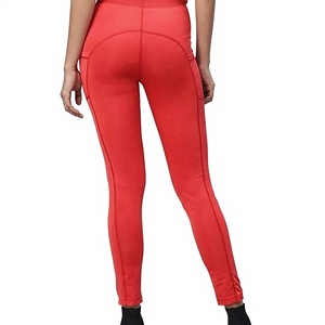 Leggings de sport pour femme, taille haute, sans couture, rouge, longueur intégrale, extensibles, respirants, en Spandex et Nylon tricoté, couleur unie - Product Image 3