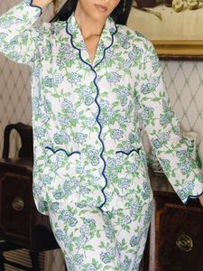 Ensemble de pyjama en coton tricoté 100 % respirant pour femme, bordure festonnée, doux et confortable pour l'automne, avec logo frontal, coupe classique, lavage à la main - Product Image 1