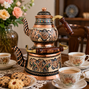 Handmade Copper <b>Tea</b> Pot <b>Set</b> Oriental Enamel Painted With Wooden Handle Durable <b>Tea</b> Maker For Hotel Restaurant Use - Product Image 3