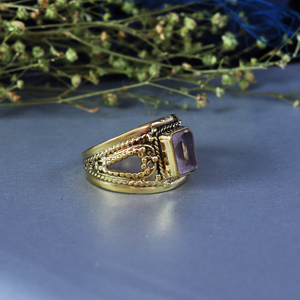 Rose Quartz Bohemian Flower Statement <b>Ring</b> <b>Gold</b> Plated Brass Unisex Wedding Engagement <b>Ring</b> for Religious Occasions - Product Image 3