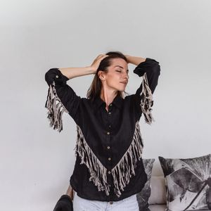 Chemise en lin noir, Blouse bohème, Veste à franges pour femme, Blouson ample, Top bio style cowboy et gypsy, Vêtement western, Cadeau pour elle - Product Image 1