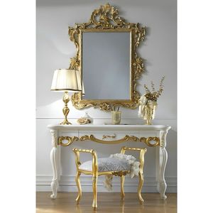 Coiffeuse de luxe royale en bois d'acajou avec miroir sculpté doré, console de maquillage blanche, tabouret et meuble de chambre - Product Image 1