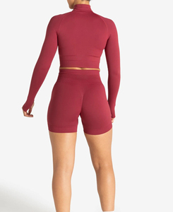 Ensembles de yoga en nylon et élasthanne de poids moyen, couleur unie, short taille haute, haut court à manches longues, fermeture éclair quart, anti-transpiration, sans couture, faible MOQ - Product Image 2