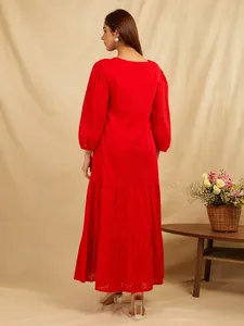 Red V-Neck Puff Sleeve Midi <b>Dress</b> With Ruffle Hem And Button Front Casual Loose Fit Woven Cotton Spring Daily Wear For Women - Product Image 3