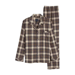 Ensemble de pyjama à carreaux marron beige pour homme, respirant, doux, confortable, manches longues, en coton durable, vente en gros d'ensembles de vêtements de nuit pour homme - Product Image 3