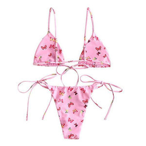 Women's Pink Butterfly Print Bikini Set <b>Crossed</b> Halter <b>Top</b> Tie Side Bottom Spandex Polyester Swimwear - Product Image 2