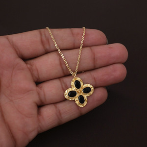 18K Gold Plated Brass Black Onyx Gemstone Bohemian Floral Threader Adjustable Chain <b>Statement</b> <b>Necklace</b> for Gift Occasion - Product Image 4