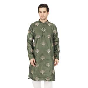 Ensemble de kurta pour homme, vert olive, semi-soie satinée avec broderies, motifs de ventilateurs métalliques et embellissements en sequins - Product Image 5