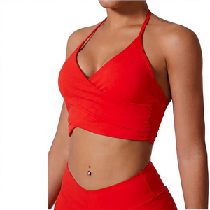 Women's Deep V Neck High Stretch Breathable Sports Bra With Removable Padding Backless Workout Top Pink - Product Image 5