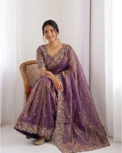 KV Traditional Silk Embellished Embroidered Zari <b>Satin</b> <b>Saree</b> with Unstitched Blouse for Party Occasions - Product Image 1