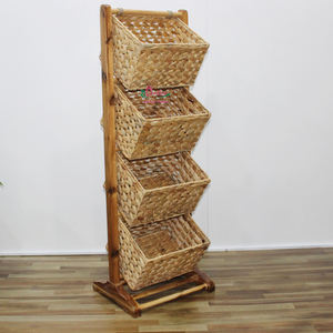 Eco-Friendly Wooden Frame Four-Tier With <b>Seagrass</b> <b>Basket</b> Rack for Natural Home Storage and Decoration - Product Image 1