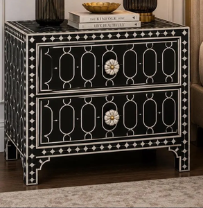 Table de chevet en os noir incrusté |   Table de chevet géométrique à 2 tiroirs |   Table de chevet de luxe par B H Brothers - Product Image 2