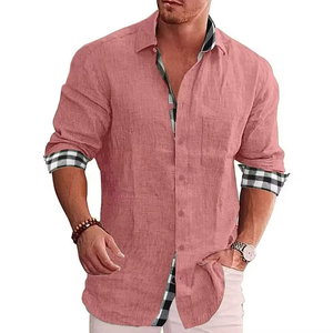 Chemise en lin pour homme, col montant uni, décontractée, boutonnée, respirante, en coton tricoté, idéale pour l'été chaud - Product Image 1