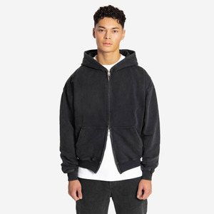 OEM Custom Double Slider Heavyweight 500GSM Thermal Acid Wash Vintage Oversized Drop Shoulder Zip <b>up</b> Hoodies Men Custom Logo - Product Image 1