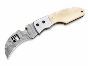 Cuchillo Plegable de Acero de Damasco con Hoja Recta, Borde Serrado, Mango de Hueso y Apertura con Perilla, Cuchillo de Camping OEM - Product Image 3