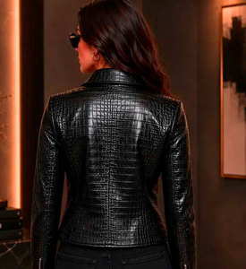 Chaqueta de Moto de Cuero para Mujer con Cuello Alto, Manga Larga, Patrón de Cocodrilo Grabado, Cierre de Cremallera, Largo Regular, Estilo Invernal - Product Image 1