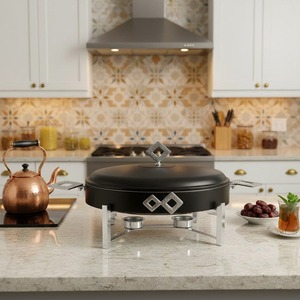 Plat de service de luxe en verre avec support en acier inoxydable pour buffet, chauffe-plats rond ou ovale avec support doré ou argenté pour hôtel - Product Image 1