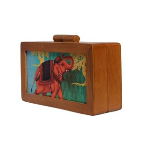 Pochette élégante en bois imprimé motif éléphant coloré, sac à main en bois naturel pour femme, idéal pour les fêtes et les mariages - Product Image 2