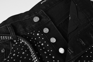 Custom Summer Vintage Acid Wash Canvas Solid High Waist Drawstring Shorts Streetwear Rhinestones Crystal Distress Casual Pearls - Product Image 4