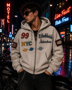 Sweat à capuche brodé pour homme en coton French Terry, coupe oversize, style streetwear décontracté, avec patchs, idéal pour l'hiver et les vacances - Product Image 1
