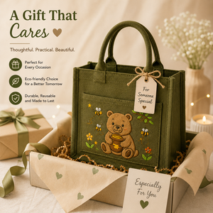 <b>Cute</b> Cartoon <b>Bear</b> Jute Lunch Bag With Top Handle 24x13x20cm Green Daily Use Tote - Product Image 3