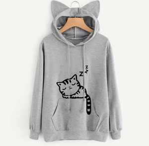 Sweat à capuche oreilles de chat avec imprimé chat endormi pour femme, vêtement décontracté d'automne en coton tricoté, coupe oversize avec poche avant - Product Image 5